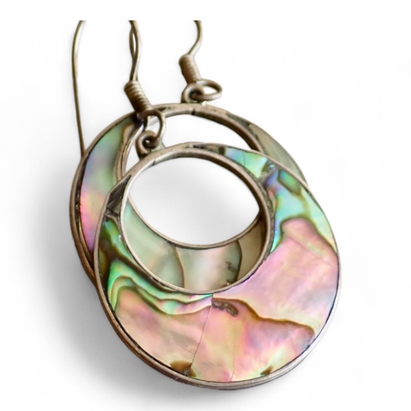 Vintage Mexico Alpaca Inlay Abalone Shell Signed Earrings Hoop Dangle Pierced - Picture 11 of 11